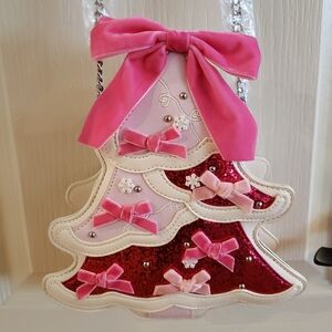 Betsey Johnson XOMerry White Christmas Tree Crossbody Bag Pink Coquette Bows NWT
